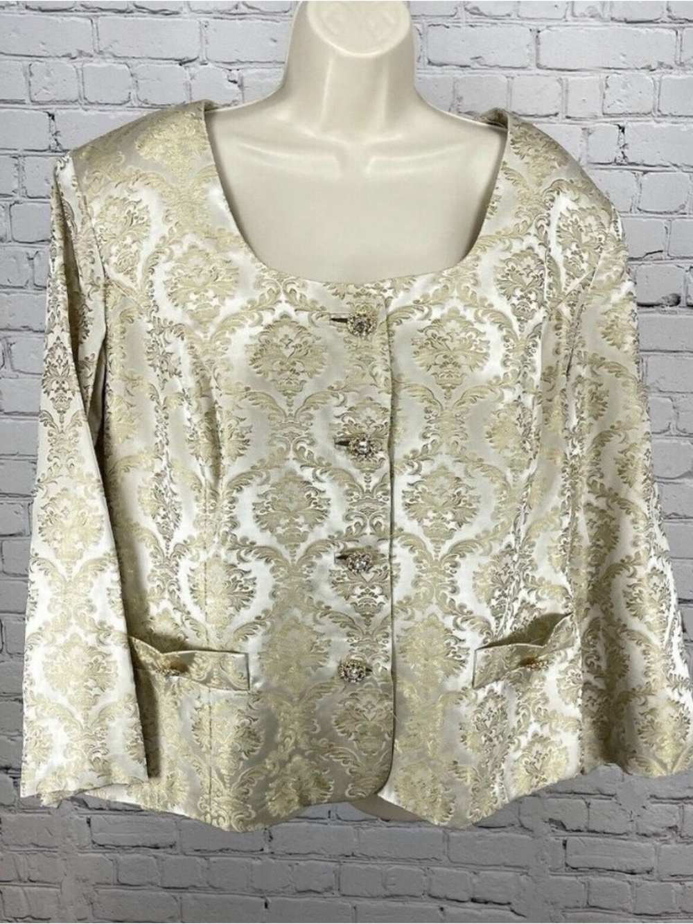 VTG Blacktie Oleg Cassini Ivory Gold Damask Blazer Jacket USA Made Plus Size 20W